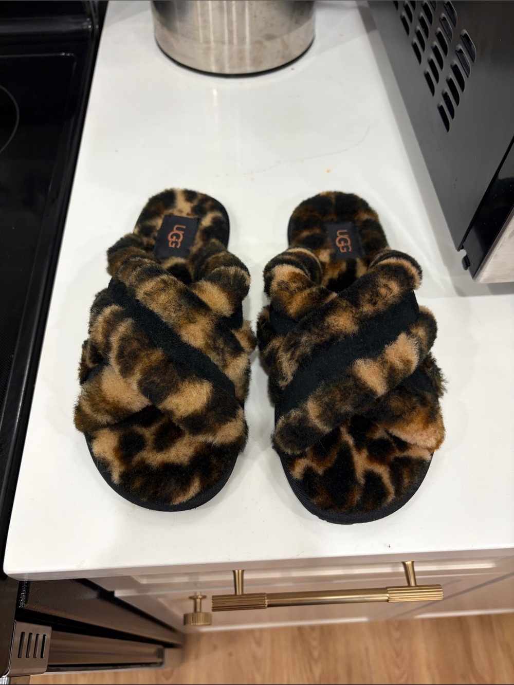 UGG Leopard Faux-Fur Crossband Slide Slippers in Brown and Black